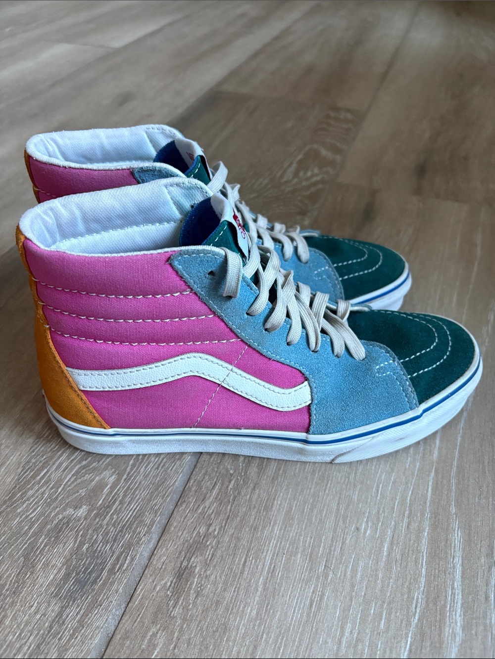 Vans SK8 Hi High Top Shoes Pink Green Blue Off the Wall Women's 8 Men's 6.5